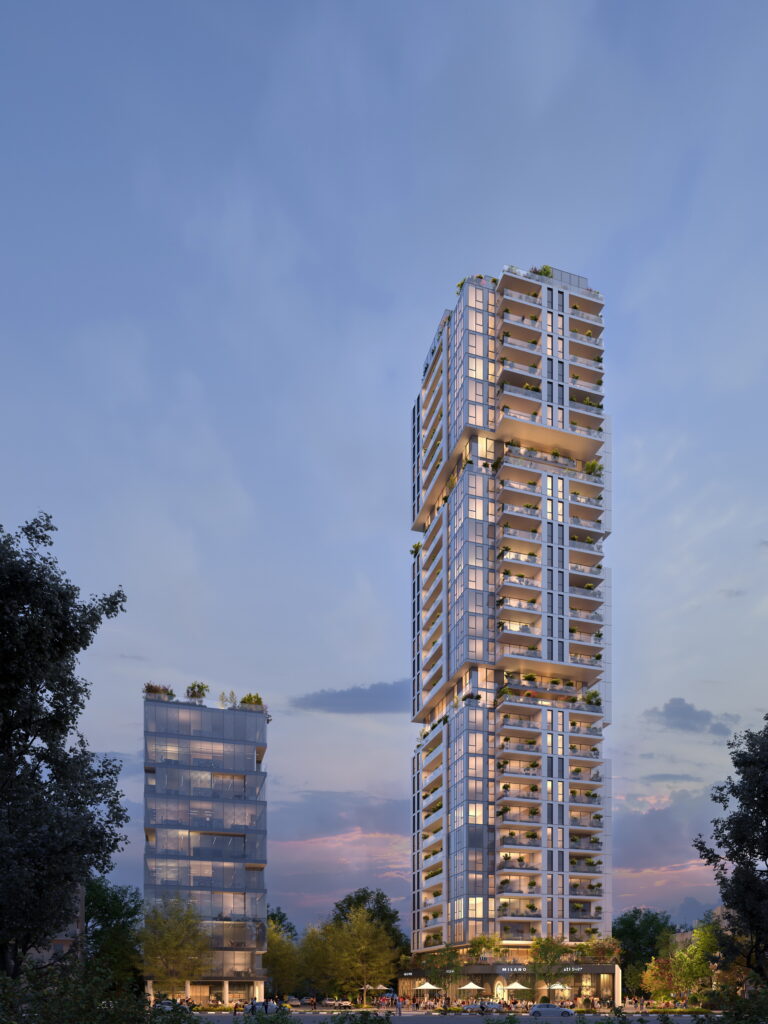 הדמיה של מגדל המגורים החדש המתוכנן ברחוב יוספטל–הרב קוקיס בבת ים, 300 מטר בלבד מהים, עם חזית מסחרית פעילה ומבנה ציבור חדש