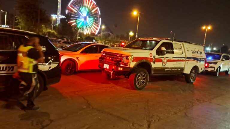 ניידות משטרה וכוחות זק״א בחניון בשעת לילה אורות מהבהבים על רקע מתחם הפארק.