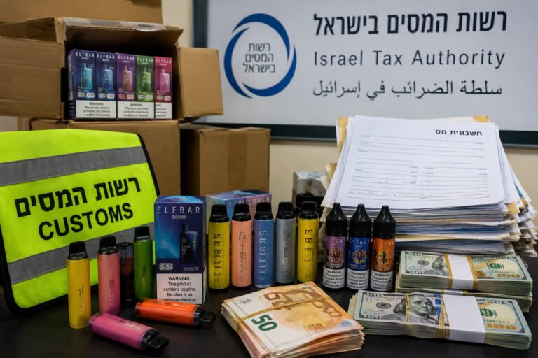סיגריות אלקטרוניות ומסמכי יבוא שנבדקים במסגרת חקירת רשות המסים. לפי החשד, משלוח שהוצהר כסיגריות ללא נוזל כלל בפועל אלפי יחידות עם נוזל החייבות במס