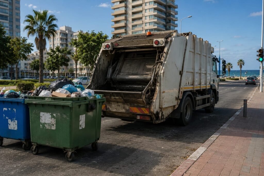 משאית פינוי אשפה ברחוב עירוני באשדוד על רקע המשבר בין העירייה לחברת ר.ג.א, לאחר הפסקת השירות והעימות המשפטי בין הצדדים