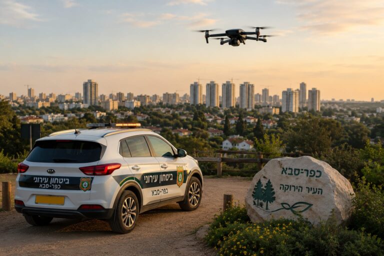 ניידת ביטחון עירונית מסיירת באזור פתוח סמוך לכפר סבא, על רקע חיזוק מערכי הביטחון וההיערכות לאיומים מתפתחים באזור קו התפר