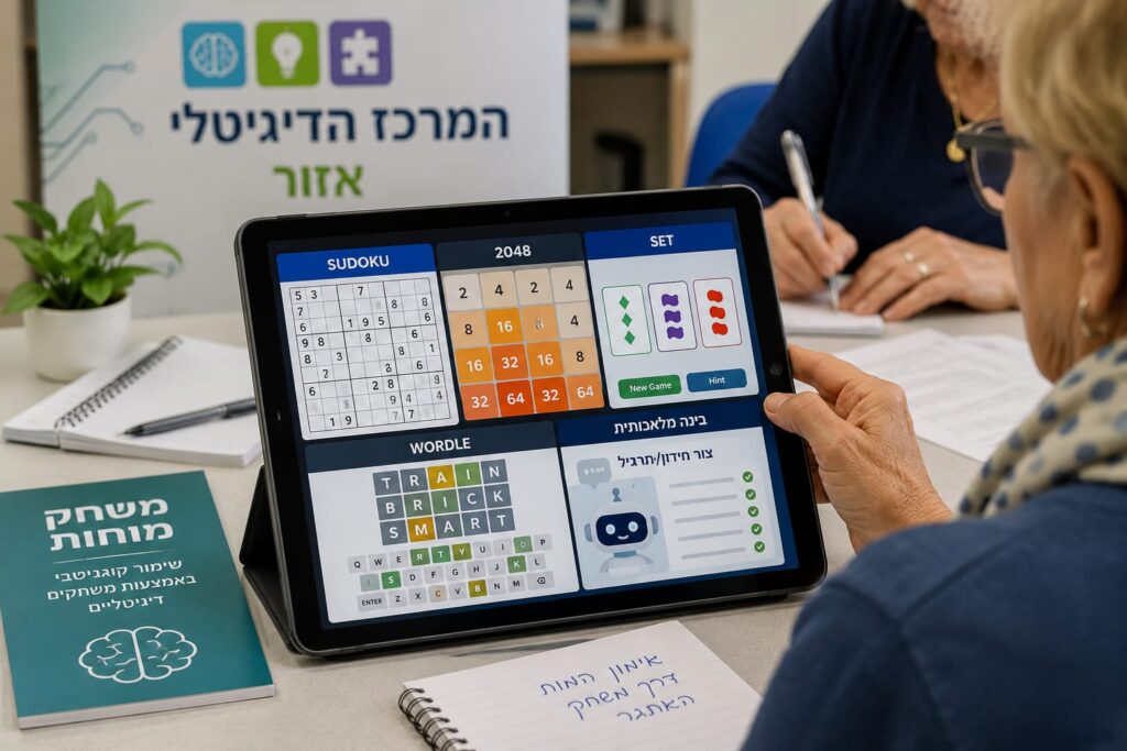 משחקי חשיבה דיגיטליים על מסך טאבלט במרכז קהילתי, כחלק מסדנה לשימור קוגניטיבי באמצעות כלים דיגיטליים ובינה מלאכותית