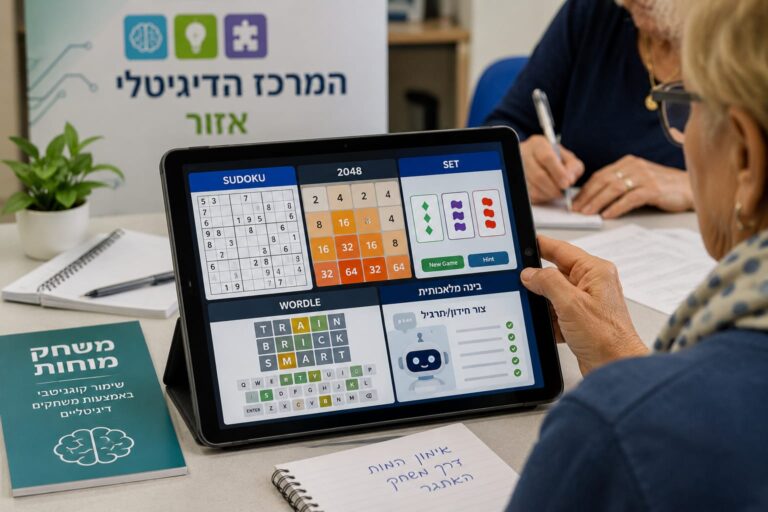 משחקי חשיבה דיגיטליים על מסך טאבלט במרכז קהילתי, כחלק מסדנה לשימור קוגניטיבי באמצעות כלים דיגיטליים ובינה מלאכותית