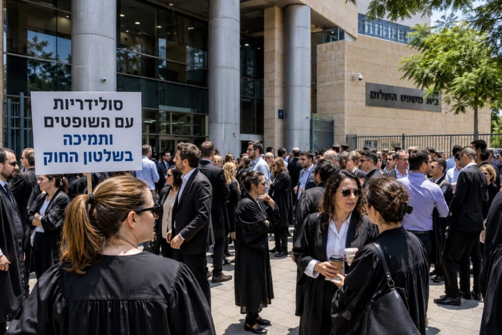 פרקליטים ועובדי מערכת המשפט עומדים מחוץ לבית משפט כאות הזדהות עם השופטים ועם מערכת המשפט, במהלך צעד מחאה ארצי בן שעה