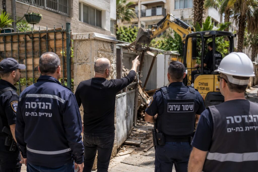 צוותי פיקוח ושיטור עירוני בפעילות אכיפה בשכונת מגורים בבת ים, במסגרת פירוק בנייה בלתי חוקית והחזרת שטח משותף לשימוש הציבור