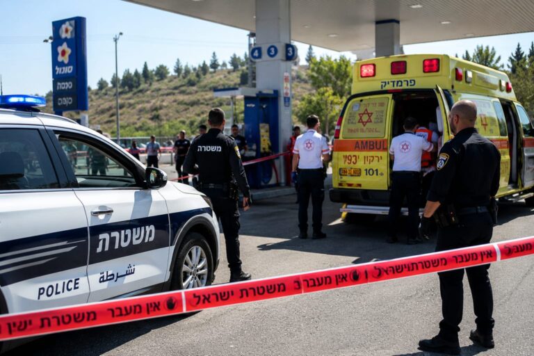 כוחות משטרה ומד"א בזירת אירוע ירי בתחנת דלק סמוך לכוכב יאיר, לאחר דיווח על שני פצועים