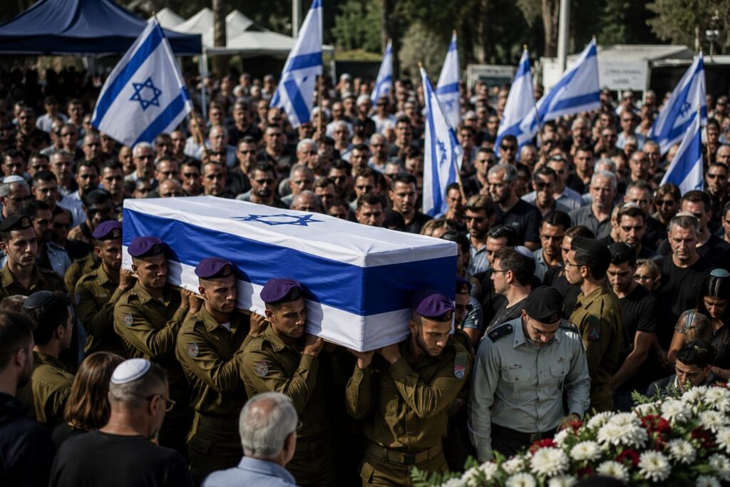 דגלי ישראל מונפים לאורך רחוב ברחובות לקראת הלווייתו של סמל אהד יערי ז"ל, לוחם גבעתי שנפל בדרום לבנון.