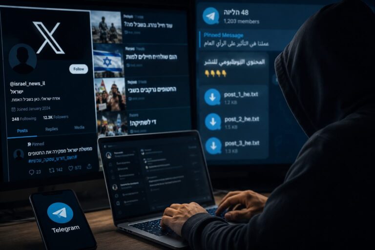 מסך מחשב המציג רשתות חברתיות, הודעות טלגרם וסמלים דיגיטליים, ברקע חקירת חשד להפעלת חשבון פיקטיבי במסגרת קמפיין השפעה ברשת.מסך מחשב המציג רשתות חברתיות, הודעות טלגרם וסמלים דיגיטליים, ברקע חקירת חשד להפעלת חשבון פיקטיבי במסגרת קמפיין השפעה ברשת.