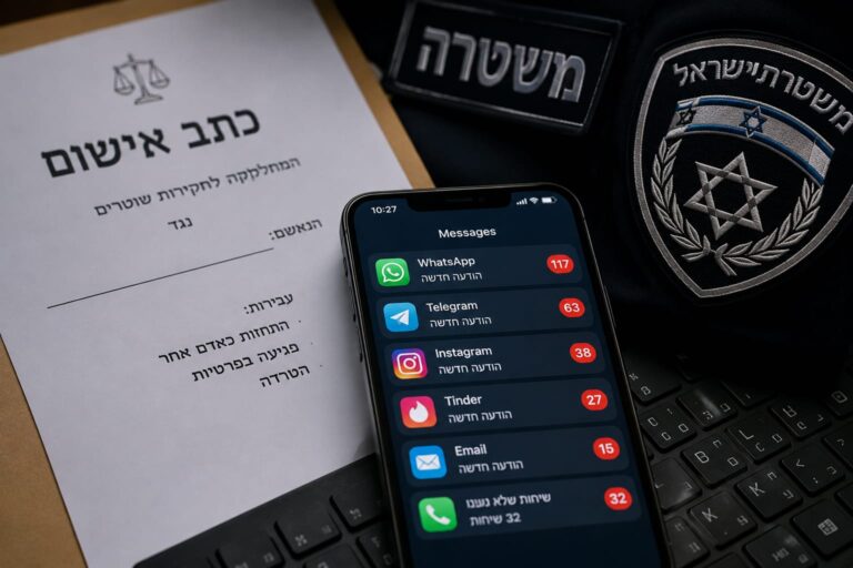 מסך טלפון עם התראות מרובות מאפליקציות מסרים ורשתות חברתיות, על רקע כתב אישום בגין התחזות, הטרדה ופגיעה בפרטיות