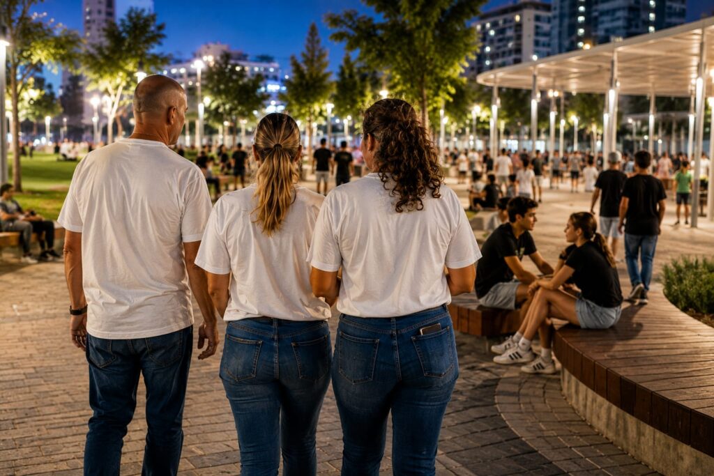 הורים ומתנדבים במרכז עירוני בשעות הערב, כחלק ממיזם קהילתי לשמירה על מרחב בטוח לבני נוער במהלך חופשת הקיץ.
