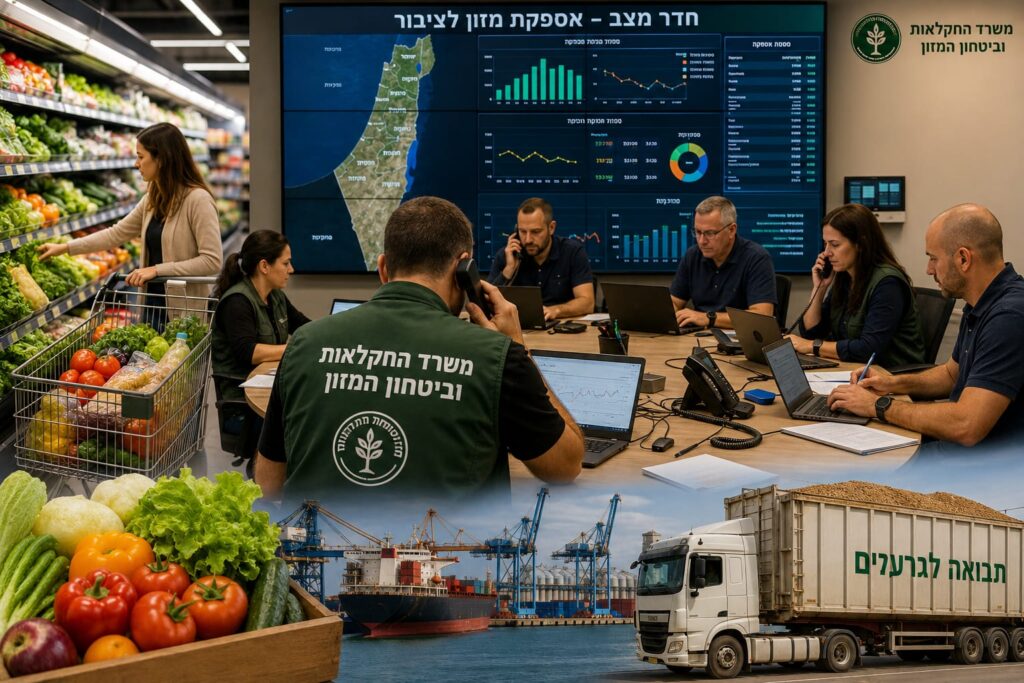עובדי משרד החקלאות וחדר מצב לאומי עוקבים אחר אספקת המזון בישראל, לצד מדפים מלאים ותוצרת חקלאית טרייה