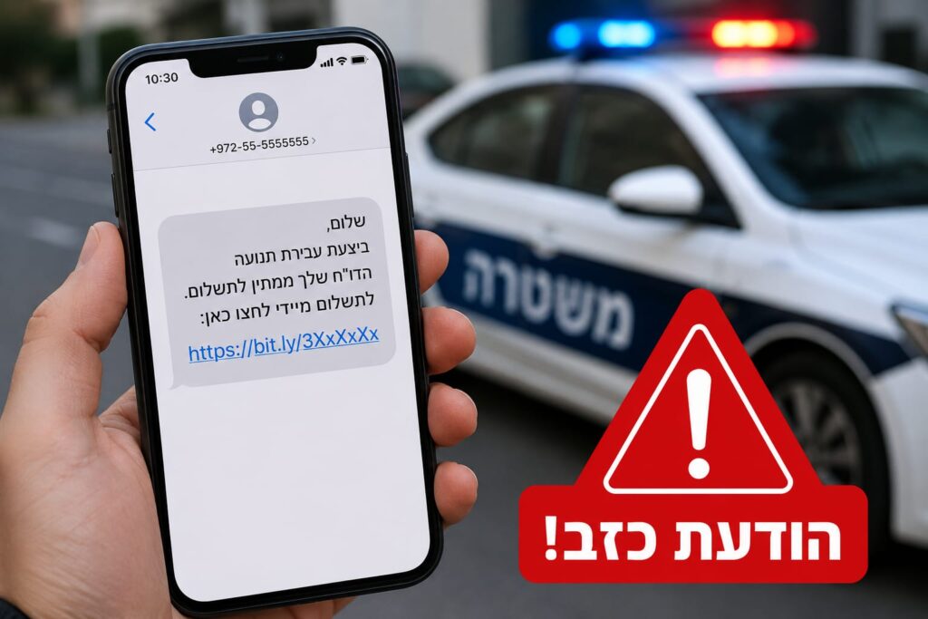 טלפון נייד המציג הודעת תשלום חשודה על דו"ח תנועה, לצד אזהרת משטרה מפני ניסיונות הונאה ברשת.