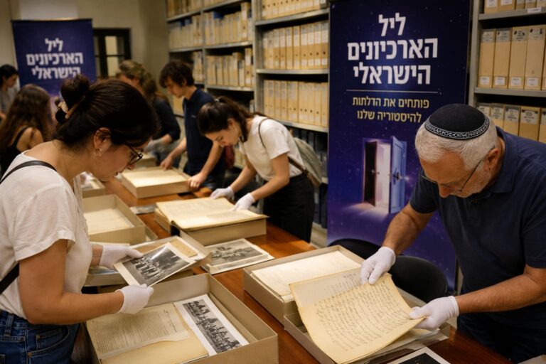 מבקרים מעיינים במסמכים היסטוריים ובתצלומים נדירים במסגרת ליל הארכיונים הישראלי בירושלים וברמת גן