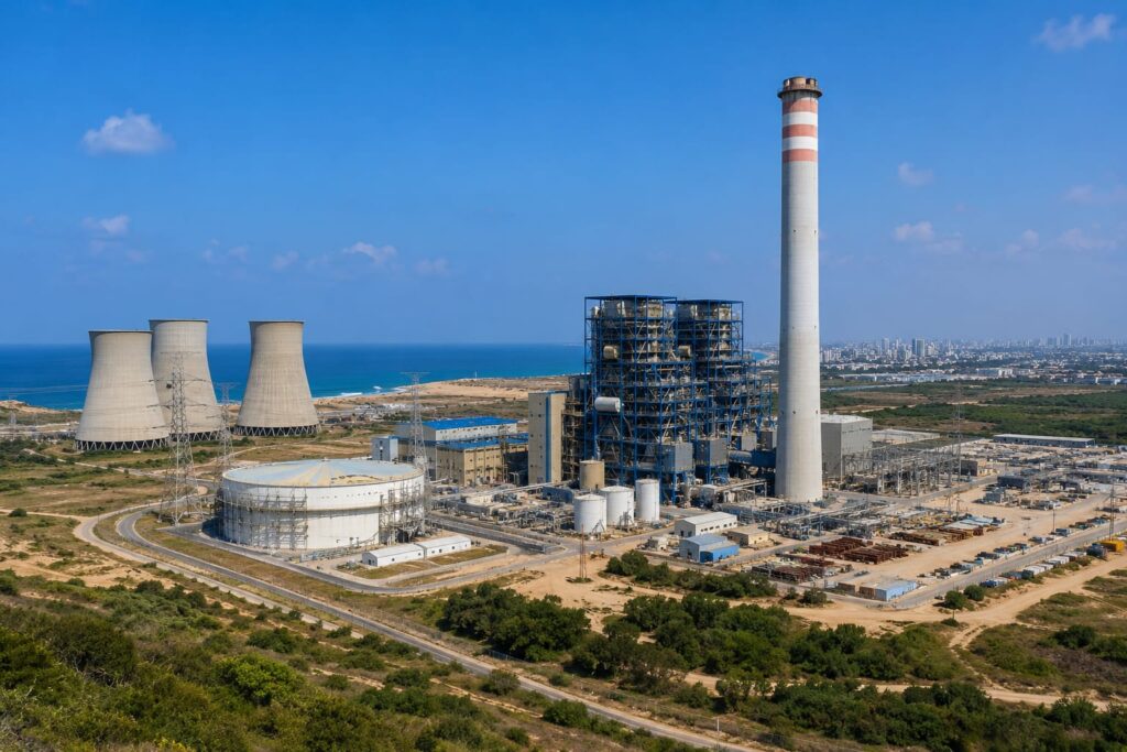 תחנת כוח באזור אשקלון לצד מתקני אנרגיה ותשתיות לאומיות, על רקע הדיון הציבורי סביב הרחבת דוראד.