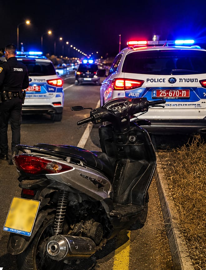 ניידות משטרה במהלך פעילות בכביש באזור קריית מלאכי ובאר טוביה, לאחר מרדף אחר אופנוע ללא לוחית זיהוי.