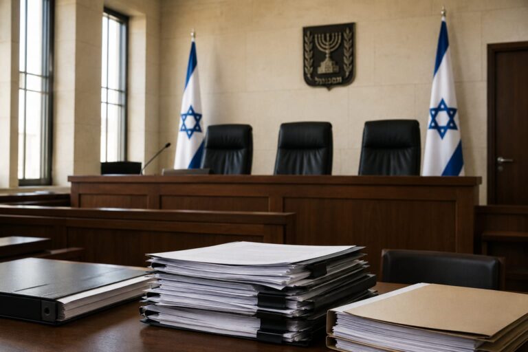 אולם בית משפט בירושלים, דגלי ישראל ברקע, מסמכים משפטיים מונחים על שולחן הדיונים, אווירה רשמית המסמלת מאבק משפטי נגד טרור