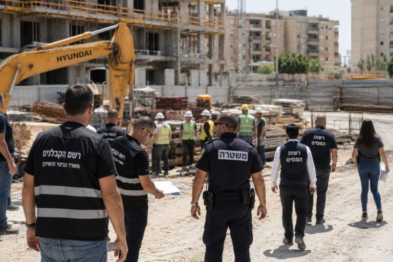 כוחות אכיפה ומשטרה פועלים באתר בנייה בבאר שבע, לצד כלי עבודה כבדים, גדרות בטיחות ופועלים בשטח