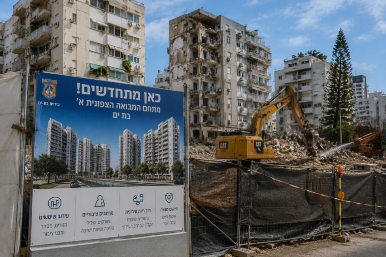 אתר בנייה עירוני בבת ים סמוך למבני מגורים ותיקים, עם טרקטור, גדרות עבודה ורקע של רחוב עירוני צפוף בתהליך שיקום והתחדשות