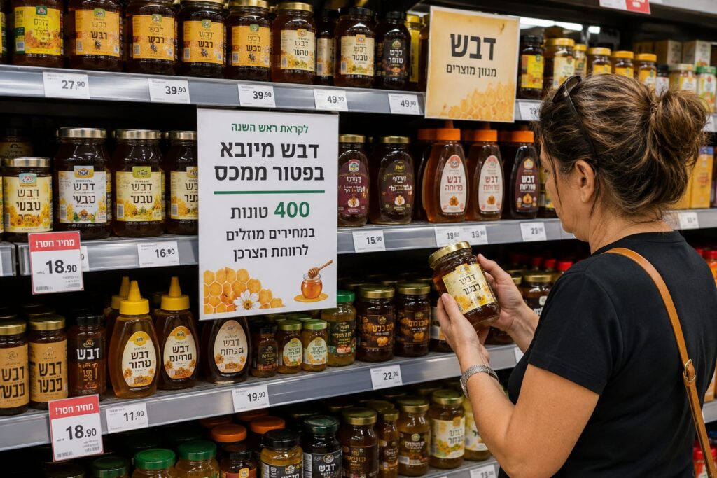 מדף סופרמרקט עמוס בצנצנות דבש מסוגים שונים, כשצרכנים בוחנים מחירים ומוצרים לקראת תקופת החגים