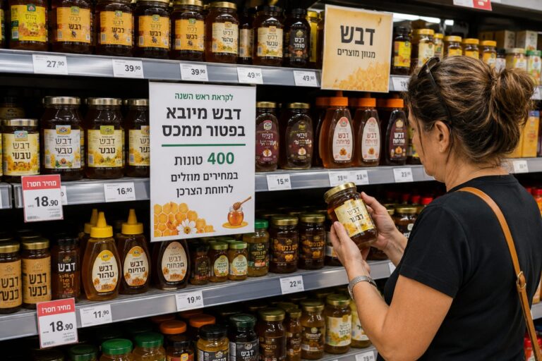 מדף סופרמרקט עמוס בצנצנות דבש מסוגים שונים, כשצרכנים בוחנים מחירים ומוצרים לקראת תקופת החגים