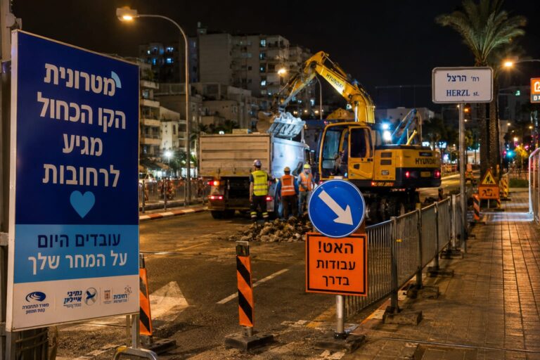 עבודות תשתית ליליות ברחוב עירוני מרכזי ברחובות, עם כלי עבודה, מחסומים, פקחי תנועה ושלטי הכוונה סביב אתר העבודות