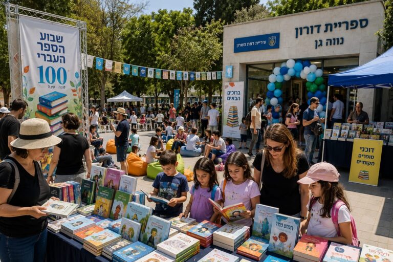 ילדים ומשפחות מסתובבים בין דוכני ספרים צבעוניים בפסטיבל קהילתי פתוח ברמת השרון, לצד ספרייה מחודשת, סופרים מקומיים ופינות קריאה תחת כיפת השמיים