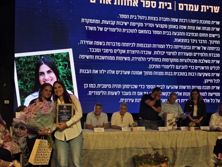 אנשי ונשות חינוך מקריית מלאכי בטקס הוקרה עירוני, עומדים יחד על במה ומחזיקים תעודות הוקרה מול קהל משפחות וצוותי חינוך