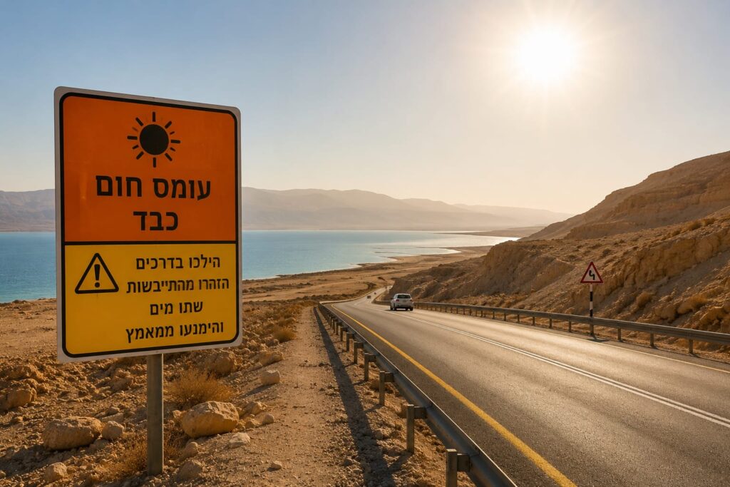 נוף מדברי באזור ים המלח בשעות הצהריים, עם שמש חזקה, כביש חשוף וחום כבד הנראה באוויר