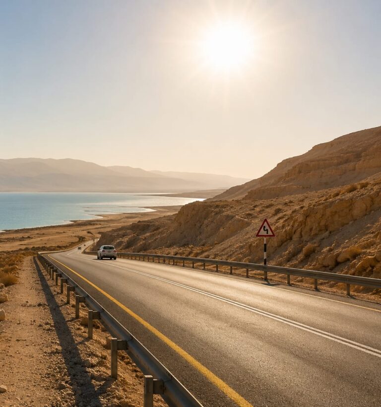 נוף מדברי באזור ים המלח בשעות הצהריים, עם שמש חזקה, כביש חשוף וחום כבד הנראה באוויר