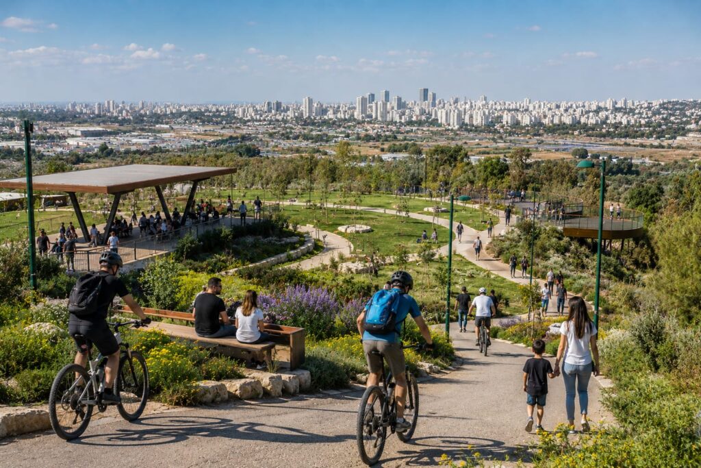 גבעה ירוקה המשקיפה על פתח תקווה, עם שבילי הליכה, רוכבי אופניים, משפחות ומתחם ציבורי פתוח, במקום שבעבר שימש כאתר פסולת עירוני