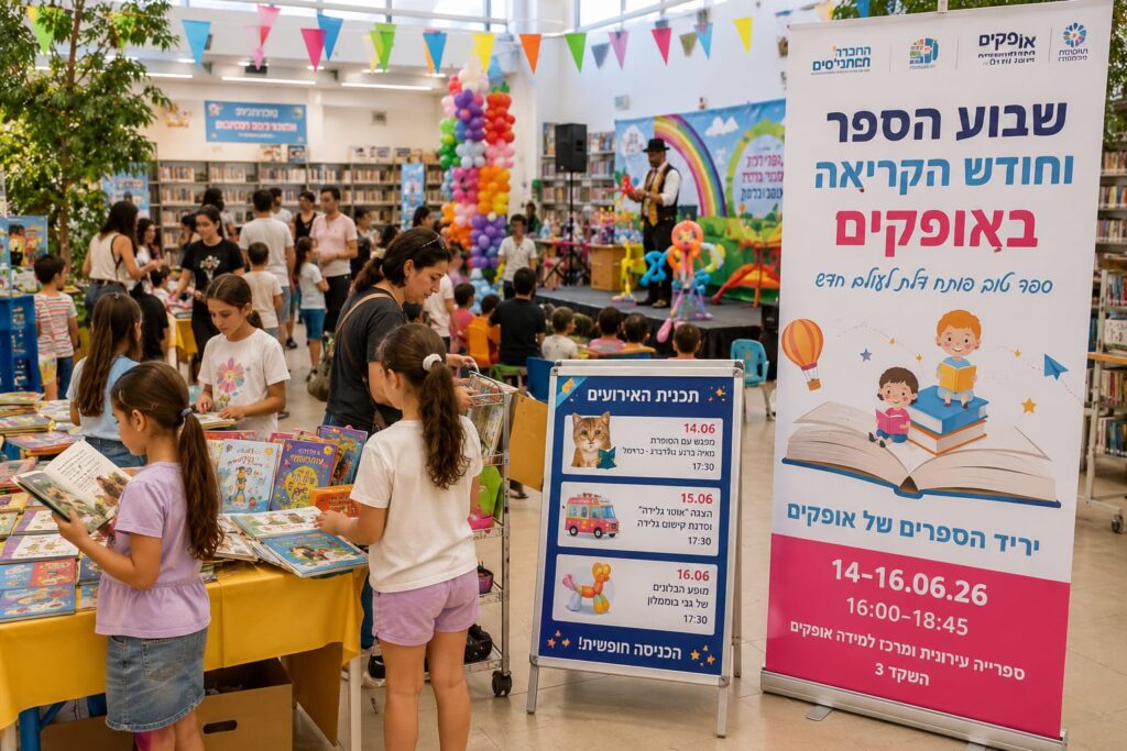 ילדים ומשפחות משתתפים ביריד ספרים קהילתי בספרייה עירונית, עם דוכני ספרים, פינות יצירה, מופע ילדים ואווירה צבעונית של חגיגת קריאה