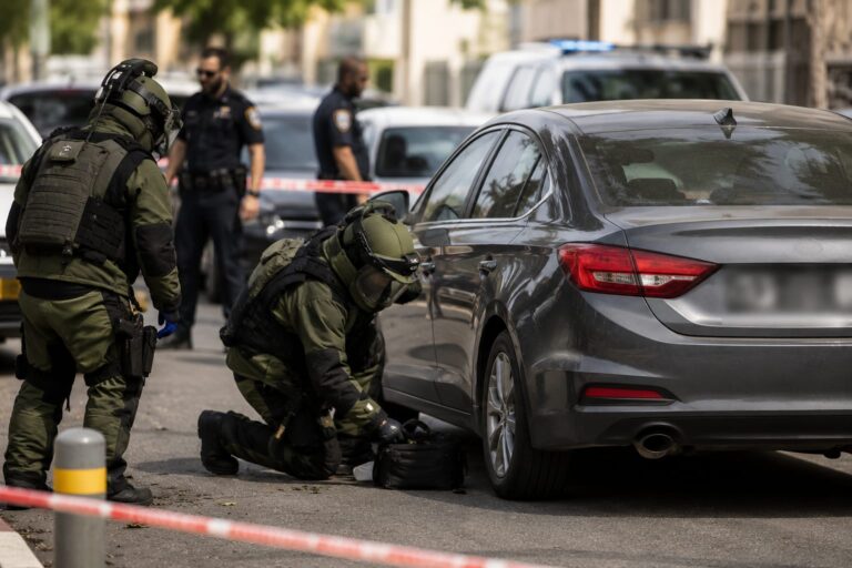 חבלני משטרה ושוטרים פועלים סביב כלי רכב בזירה עירונית באשדוד, לצד ניידות משטרה וסרטי סימון באזור שנחסם לבדיקה