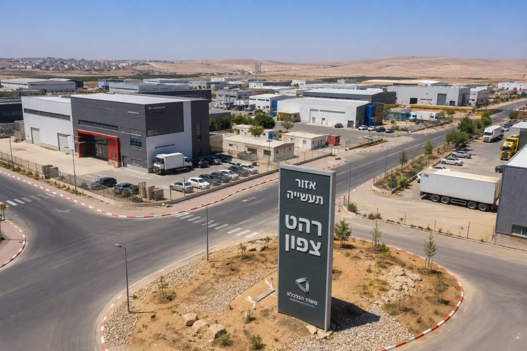 אזור תעשייה מודרני בנגב עם מבני תעשייה חדשים, כבישים רחבים, מגרשים פנויים לפיתוח ומשאיות פעילות, על רקע הנוף המדברי של דרום הארץ