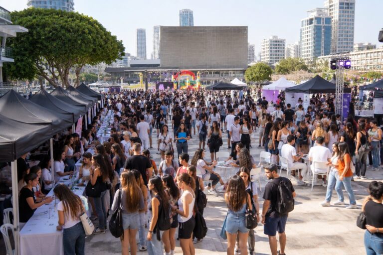 בני ובנות נוער מסתובבים ביריד תעסוקה עירוני בכיכר פתוחה, לצד דוכני מעסיקים, עמדות מידע, פינות ישיבה ואווירה צעירה של תחילת חופש גדול