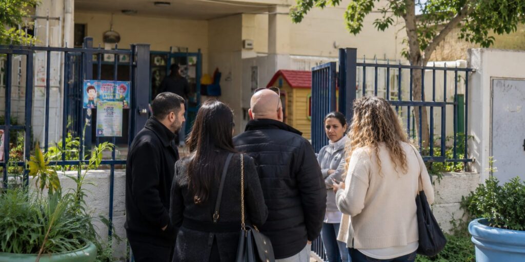 מוסד חינוכי בשכונה עירונית, לצד הורים ואנשי חינוך, כאשר גורמי העירייה מקיימים בדיקה ודיון מקצועי בעקבות אירוע חריג במסגרת החינוכית