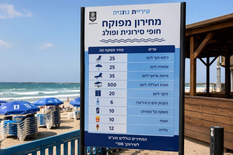 שלט מחירון בחוף ים בנתניה, סמוך לסככות ולכיסאות חוף, על רקע קו החוף והטיילת