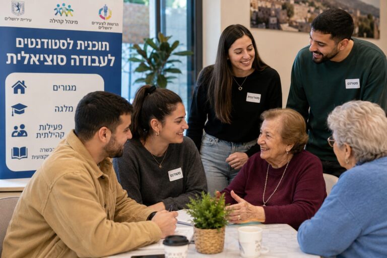 סטודנטים לעבודה סוציאלית בפעילות קהילתית בירושלים, לצד אזרחים ותיקים במרחב משותף, באווירה של חיבור בין־דורי, התנדבות ועשייה חברתי