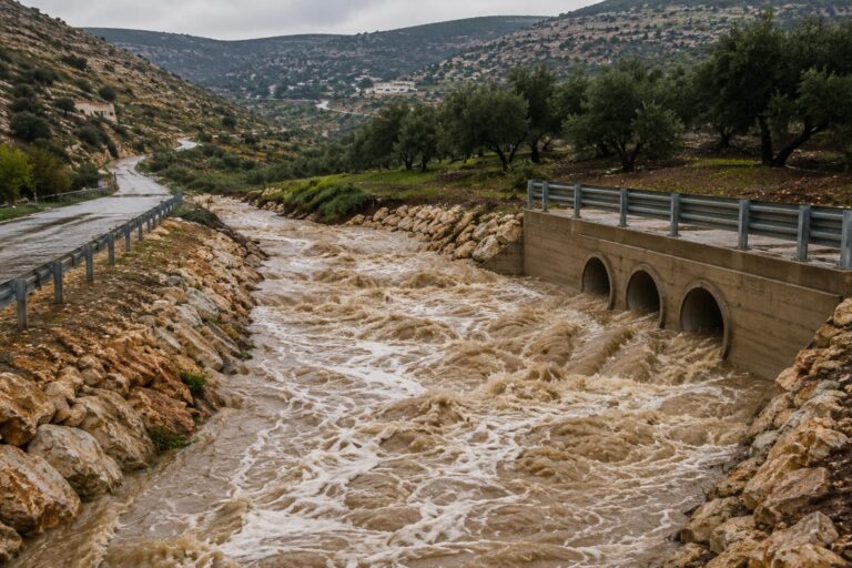 נחל זורם בעוצמה לאחר גשם באזור יהודה ושומרון, לצד כביש ושטחים חקלאיים, עם עבודות תשתית ומערכות ניקוז שנועדו למנוע הצפות ושיטפונות