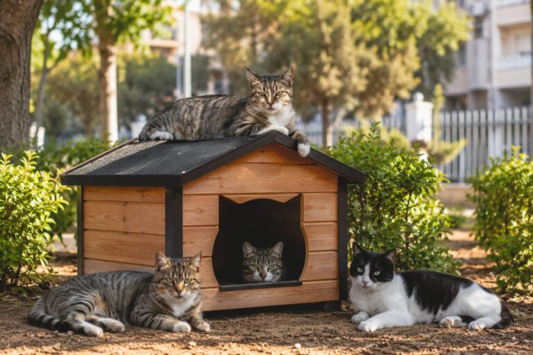 בית מחסה קטן ומסודר לחתולי רחוב מוצב בפינה ירוקה בעיר, לצד חתולים הנחים בסביבה עירונית נקייה ומטופחת.