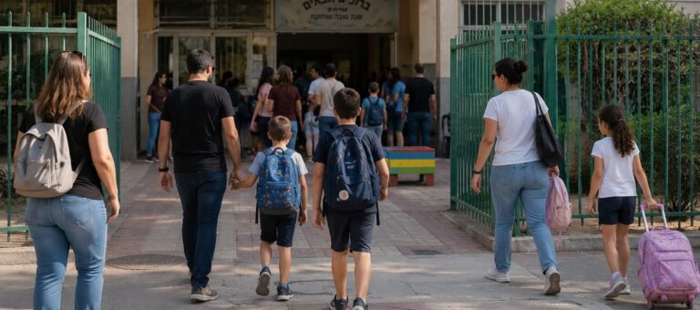 חזית בית ספר יסודי בכפר סבא בשעות הבוקר, עם הורים ותלמידים בכניסה למוסד החינוכי, באווירה עירונית רגועה אך מתוחה סביב סערה במערכת החינוך