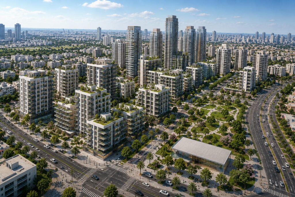 הדמיה של קריה עירונית חדשה בחולון עם בנייני מגורים מודרניים, שטחים ירוקים, רחובות מתוכננים ומרכז ציבורי עתידי כחלק מתוכנית פיתוח רחבת היקף