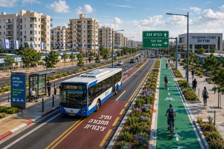 הדמיה עירונית של שדרות המתחדשת, עם נתיבי תחבורה ציבורית מסומנים, שבילי אופניים מודרניים, תחנות אוטובוס חדשות ותנועה עירונית זורמת, על רקע שכונות מגורים חדשות ופיתוח מואץ בעיר