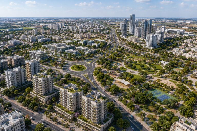 מבט אווירי על רחובות המשלב שכונות מגורים, אזורי תעסוקה, פארקים ירוקים וצירי תחבורה מרכזיים, עם הדמיה של התפתחות עירונית מודרנית וצמיחה עתידית