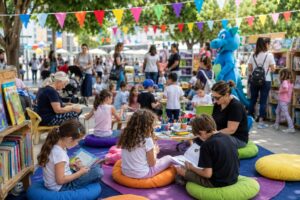 ילדים ומשפחות משתתפים בפעילות חגיגית ברחבת הספרייה העירונית ביבנה, מעיינים בספרים, יוצרים בעמדות יצירה ונהנים מאווירה צבעונית ומלאת דמיון במסגרת שבוע הספר