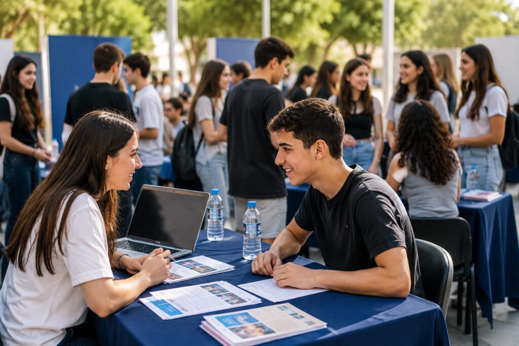 בני נוער ביריד תעסוקה עירוני, עומדים ליד דוכני מעסיקים, משוחחים עם נציגים ומקבלים מידע על עבודות קיץ באווירה צעירה ומעשית