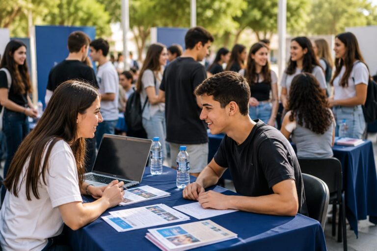 בני נוער ביריד תעסוקה עירוני, עומדים ליד דוכני מעסיקים, משוחחים עם נציגים ומקבלים מידע על עבודות קיץ באווירה צעירה ומעשית