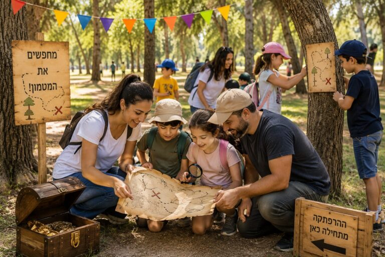 משפחות וילדים משתתפים במשחק חפש את המטמון בפארק ירוק באופקים, מחזיקים מפות ורמזים, רצים בין עצים ותחנות פעילות באווירה משפחתית ושמחה