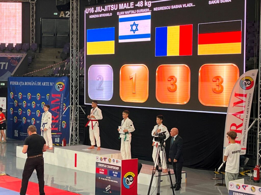 אליאב גורילאשוילי, ספורטאי ג׳יו־ג׳יטסו צעיר מאשקלון, עומד על פודיום באליפות אירופה עם שתי מדליות זהב, לבוש בחליפת קרב, באווירה של ניצחון וגאווה ישראלית