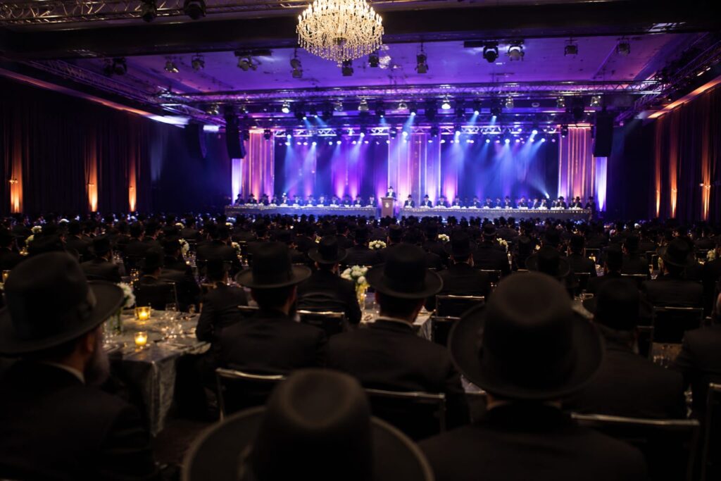 הרב יצחק ורדי עומד לצד הרבנים הראשיים לישראל במהלך טקס ההכתרה, כשהוא עטוף בטלית חדשה ומוקף ברבנים, אישי ציבור ותושבי קריית אונו באווירה חגיגית ומרגשת