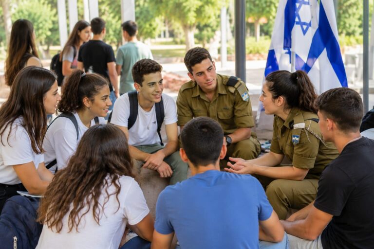 בני נוער מחולון משתתפים בפעילות הכנה לשירות צבאי, לצד חיילים וקצינים, עם דגלי ישראל ברקע ואווירת מנהיגות והכנה לעתיד
